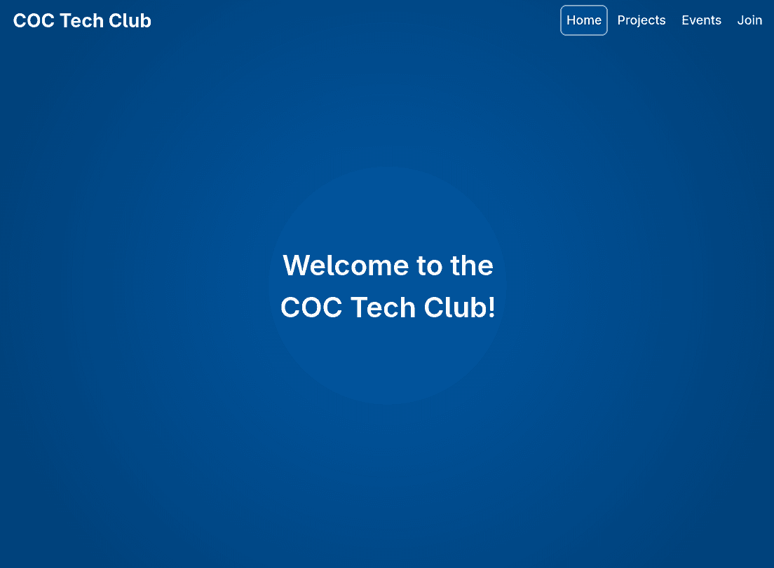 The home page of the Web Dev's original club website with text in the middle showing "Welcome to COC Tech Club!" below a header showing the website title and a list of subpages to navigate to.